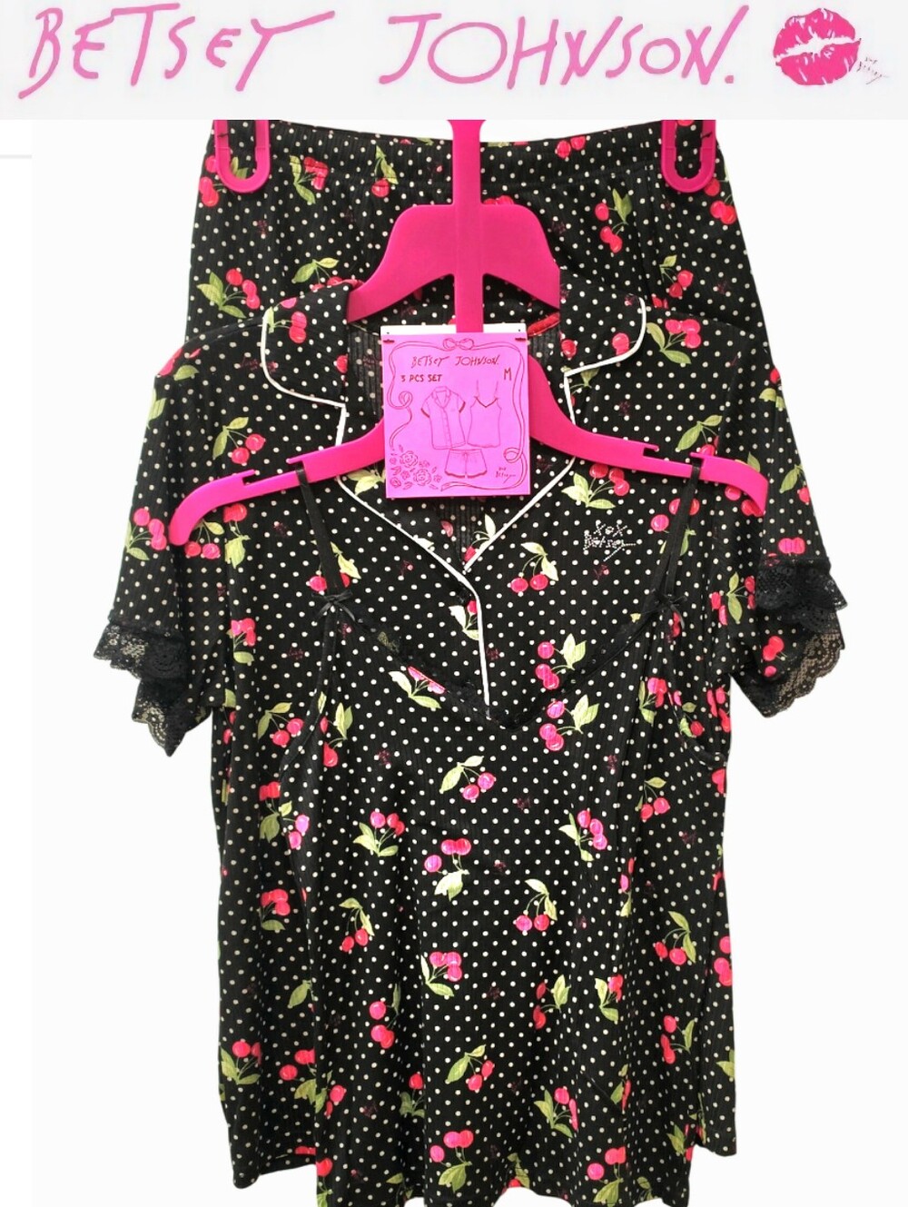Betsey Johnson Rhinestone Logo & Cherries 3-PC Lace Trim Shorts,Cami, Top PJ Set